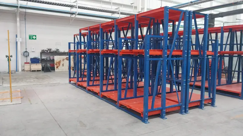 Mold & die rack. Row of mold racking in a plant.